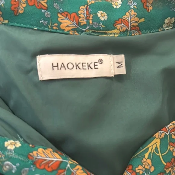 Haokeke Green Floral Long Sleeve Chiffon Pleated Midi Dress - M - Picture 16 of 16